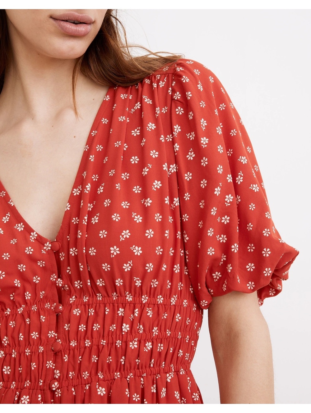 Madewell Sophia Red Bandana Floral Smocked Puff Sleeve Mini Dress Size Medium - Picture 4 of 9